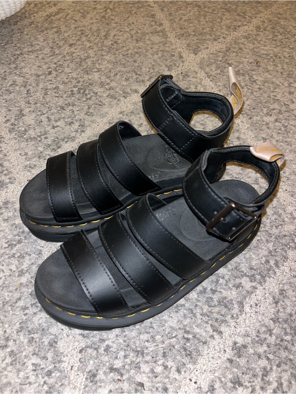 Dr. Martens Black Strappy Platform Sandals with Yellow Stitching